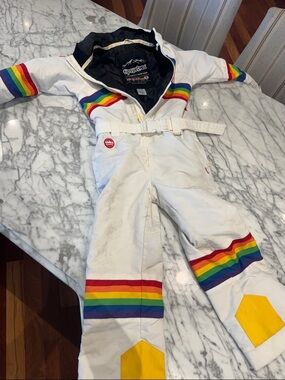 Tipsy Elves White Kids Rainbow-Striped Ski Suit